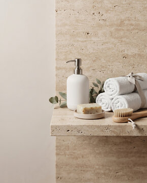 Bathroom shelf with towels, soap, and skincare products arranged neatly