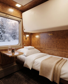 Cozy train cabin with single bed and snowy landscape outside window