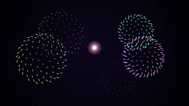 colorful glowing fireworks animation on dark background celebrating event