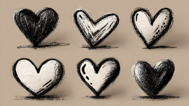 Six hand-drawn heart illustrations on a textured beige background