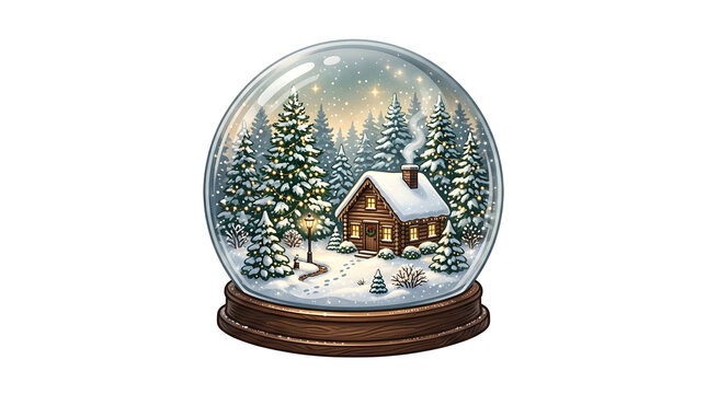 Christmas snow globe with a cozy wooden cabin in a snowy pine forest