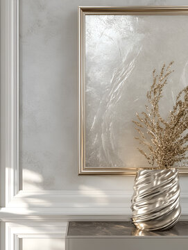 Decorative vase with dried flowers beside a modern wall art piece