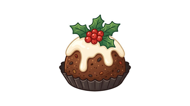 Christmas pudding with white icing and holly berries isolated on white