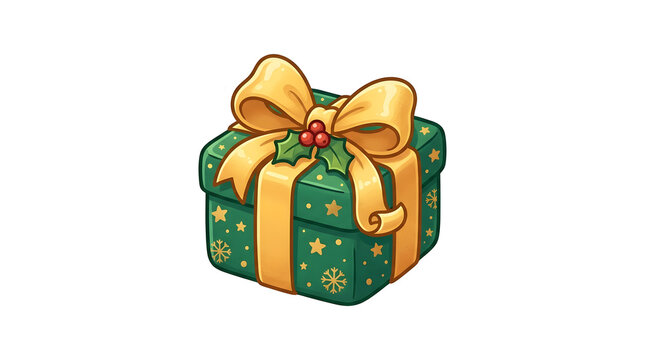 Green Christmas gift box with gold ribbon and holly isolated on white