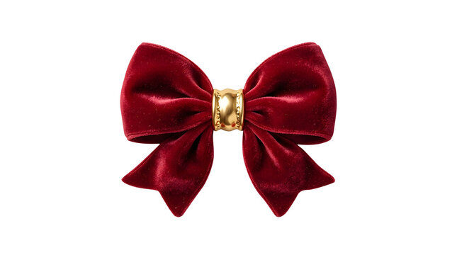 Red velvet bow with a gold center isolated on a white background