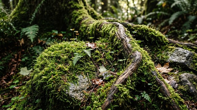 Lush green moss covering ancient tree roots in a temperate rainforest, mystical woodland floor with vibrant mossy textures and ferns, enchanting forest ecosystem with organic wood details