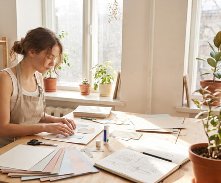 Young woman creating a colorful paper collage at a bright workspace