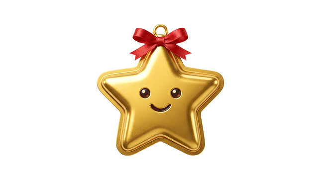 Golden star Christmas ornament with a smiling face and red ribbon bow