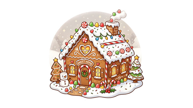 Festive gingerbread house decorated with colorful candy and icing on snow