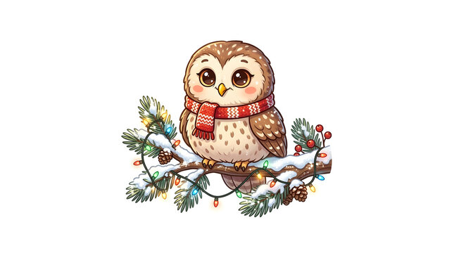 Cute cartoon owl wearing a red scarf perched on a snowy pine branch