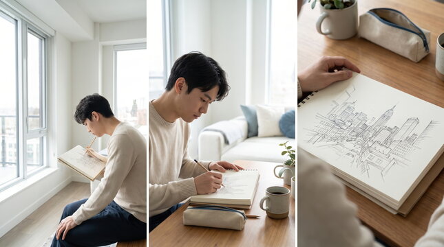 Young man sketching architectural designs while seated at a desk