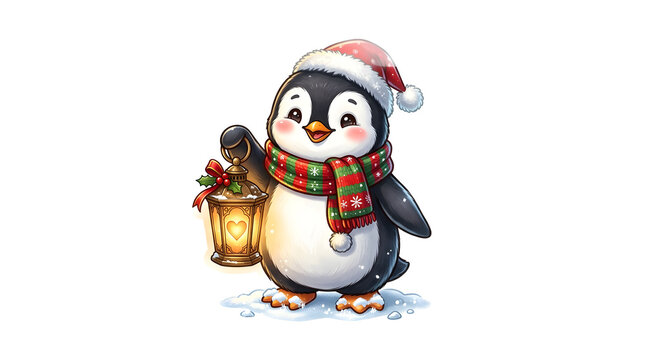 Cute cartoon penguin wearing a Christmas hat and scarf holding a lantern