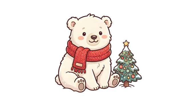 Cute polar bear cub wearing a red knitted scarf sitting next to a small decorated Christmas tree on a white background