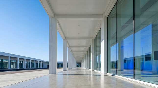 Sleek modern building exterior with expansive covered walkway minimalist columns and reflective glass under clear blue sky embodying the semiconductor industry future