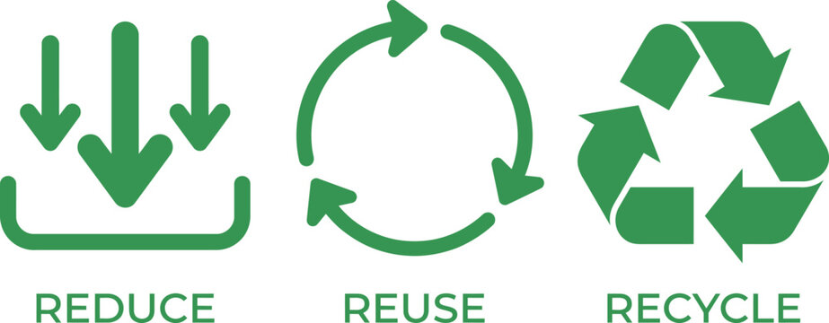Environmental icons for reduce reuse recycle showing downward arrows circular rotation the recycle triangle go green