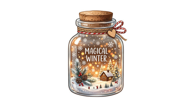Glass jar with magical winter landscape scene and cork stopper on white