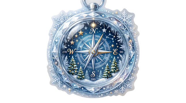 Ornate crystal compass with winter snowflake motifs and pine tree forest
