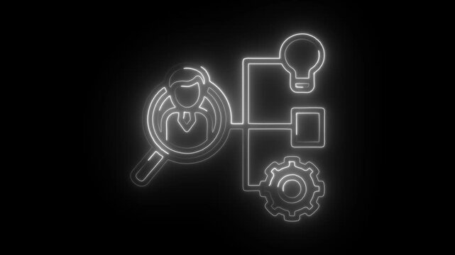 Neon flowchart animation of finding ideas with strategy and implementation on black background