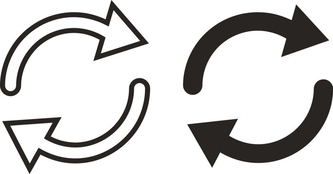 Pair of circular arrow rotation icons in outline and solid black for update and refresh operations with rotation arrows