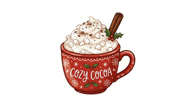 Red mug of hot cocoa with whipped cream and cinnamon stick isolated on white