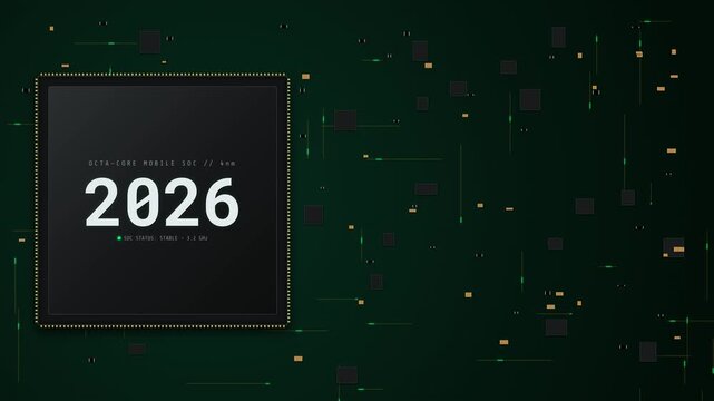 A 4K 10-second animation featuring a square mobile processor IC positioned on the left side with a completely clean right-side copy space, surrounded by realistic SMD components and circuit traces.
