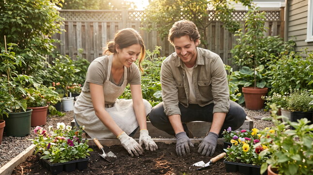 Young couple gardening together, planting flowers in their garden
