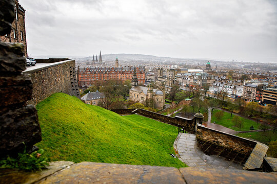 View from Edinburgh Castle overlooking Princes Street Gardens and central Edinburgh, Scotland.