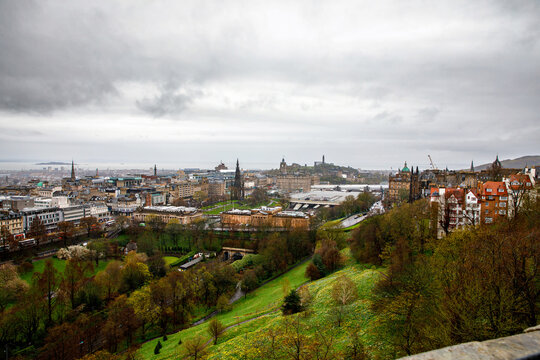 Panoramic view from Edinburgh Castle across Princes Street Gardens and the city skyline, Scotland.