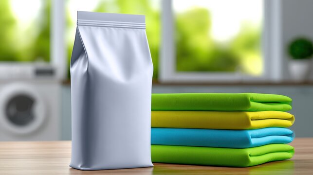 Laundry setup with folded towels and a detergent bag on a wooden surface, bright indoor setting