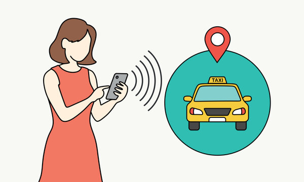 Woman in red dress standing and using smartphone to order taxi with location pin. Flat illustration showing ride hailing app, GPS tracking and online transportation booking service.