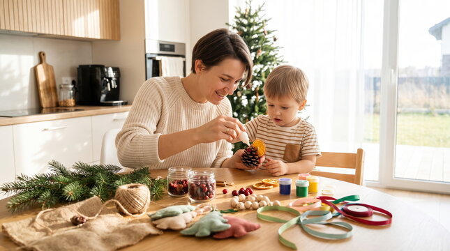 Parent Assisting Child in Creative Christmas Crafting Activities