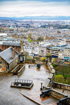 Historic cannons overlooking Edinburgh from Edinburgh Castle Scotland