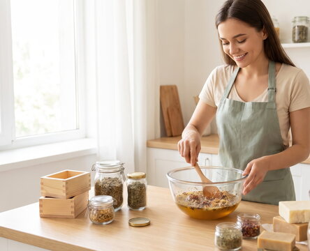 Young woman crafting handmade soap in a bright kitchen