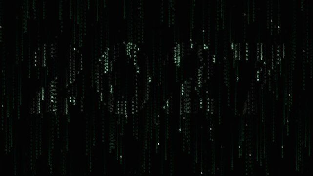 A 10-second 4K Matrix digital rain animation balancing clearly legible binary characters (36px) with a dense grid layout to sharply define the 2027 convex refraction shape.