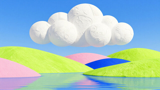 Surreal landscape with white cloud over colorful hills and water