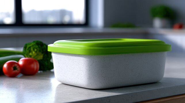 Bright kitchen features a green-lidded container on a counter with vibrant vegetables in the background