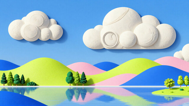 Whimsical Clay Landscape with Colorful Rolling Hills and Reflective Lake Scene
