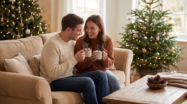 Young couple enjoying hot chocolate together during Christmas season