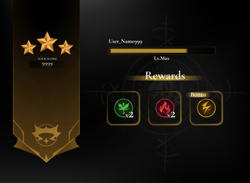 Fantasy game rewards screen featuring a three-star score rating, player level progress bar, elemental reward icons, bonus items, and an ornate medieval RPG interface.