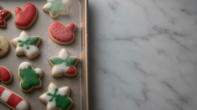 Food - Christmas sugar cookies being dusted with powdered sugar on a baking sheet over a marble countertop
