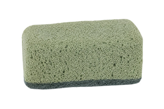Rectangular light green kitchen sponge with a dark gray abrasive layer on the bottom, isolated on a clean white background