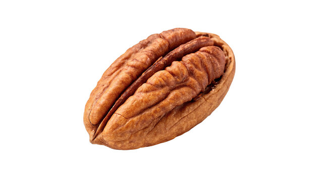 Whole natural raw pecan nut in shell kernel isolated on transparent background.