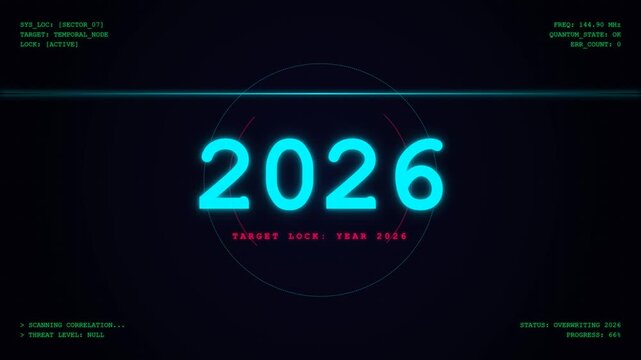 A 4K 10-second cyberpunk tactical HUD interface animation featuring a target lockdown circle, hex grid background, and glitch transition from 2026 to 2027.