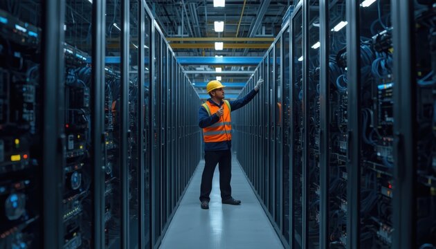 Industrial technician inspecting server racks in a data center