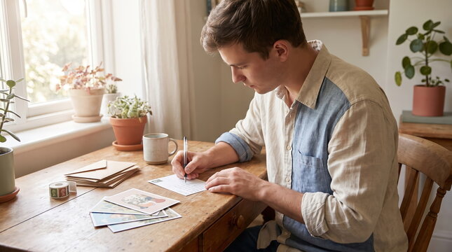 Young man writing postcards while sitting in a sunny outdoor setting
