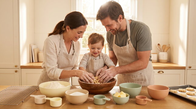 Parents Teaching Child to Cook in a Family Kitchen Setting
