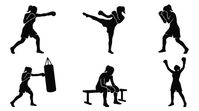 Female Boxers Training and Kickboxing Poses Vector Silhouette Collection
