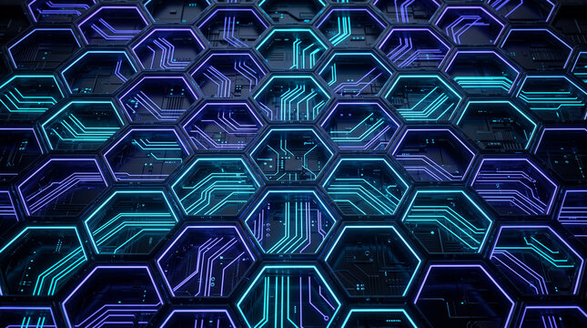 Futuristic glowing hexagonal circuit board pattern with blue and purple neon lights
