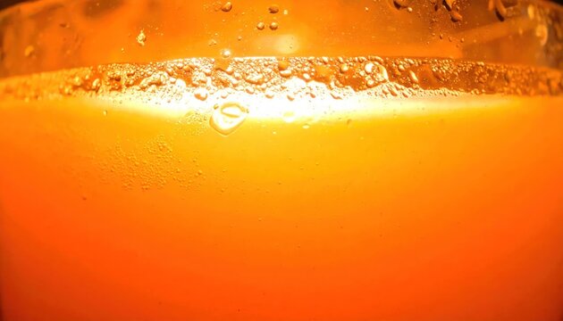 Fresh orange juice surface with bubbles and bright light.