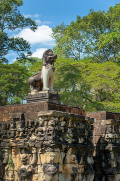 Lion statue at the Leper King terrace in Angkor, Siem Reap, Cambodia